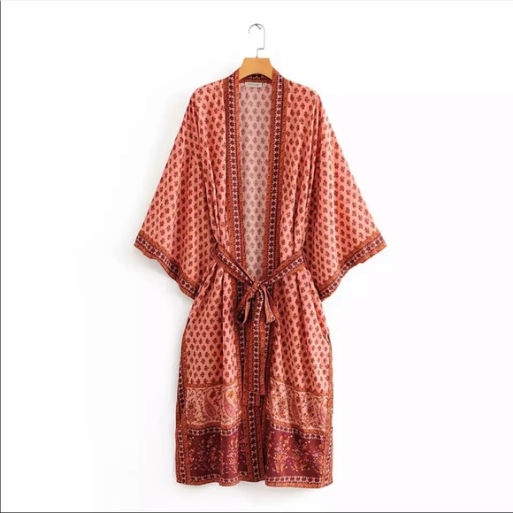 Teal Boho Kimono Floral Gypsy Print Maxi CoverUp - Picture 12 of 15